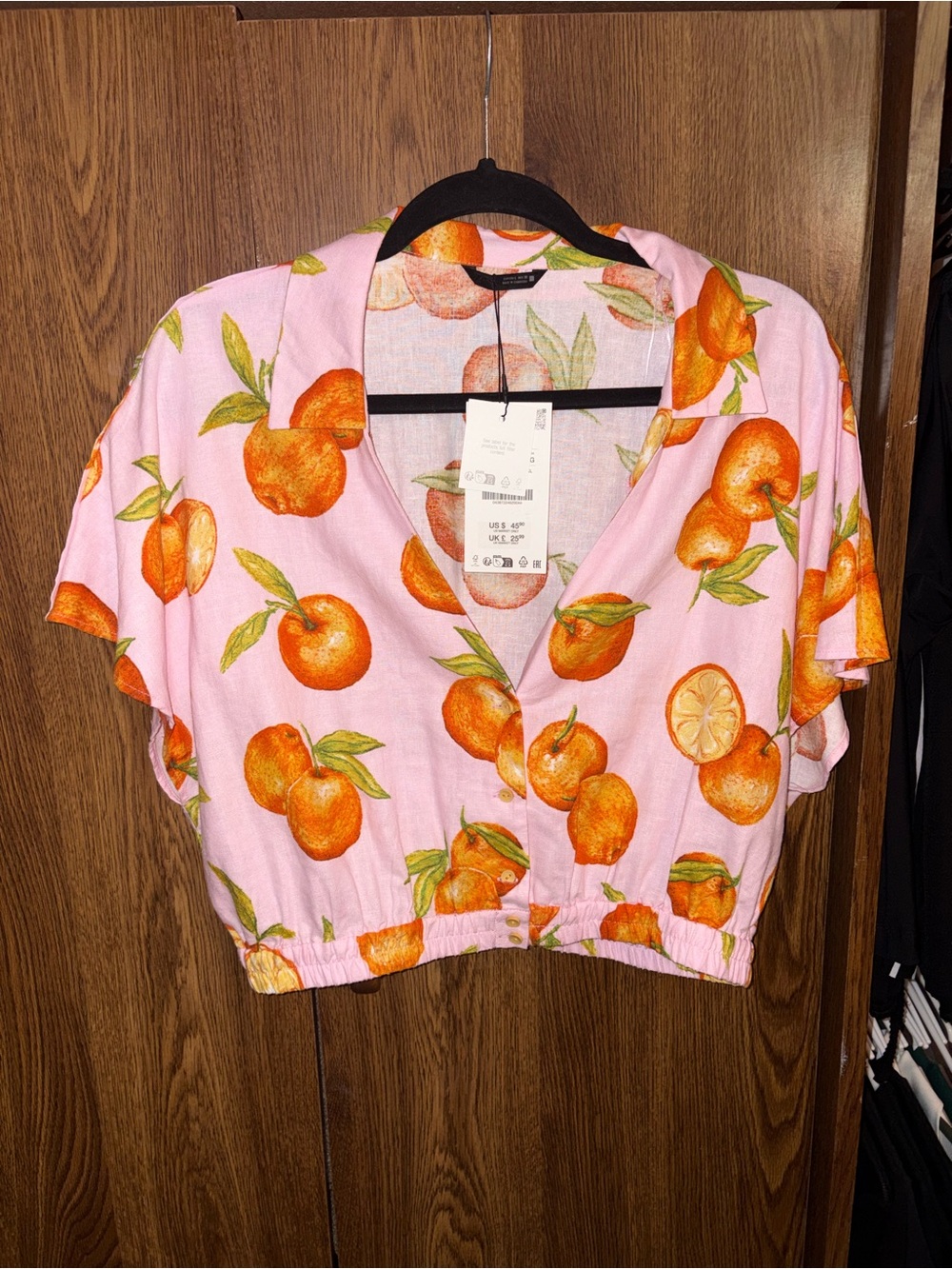 Zara Cropped Pink Orange Print Button-Front Top